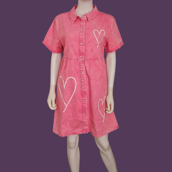 Private Label Dresses & Skirts - Distressed Pink Heart Empire Waist Babydoll Shirt Dress